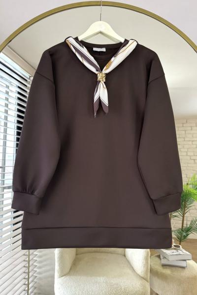 Fularlı Scuba Tunik Kahverengi
