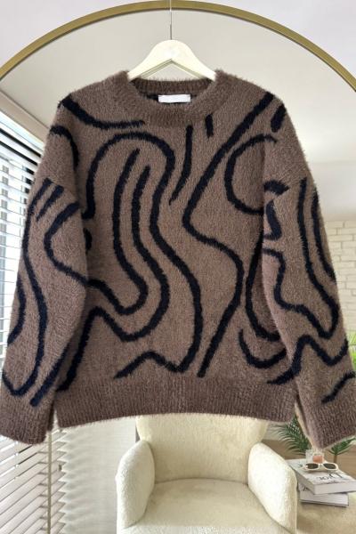 Zebra Desen Yumoş Kazak Kahverengi