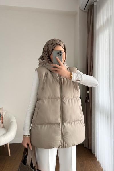 Kapüşonlu Şişme Yelek Bej