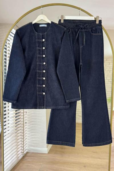 Brit Düğmeli Kot Takım Lacivert