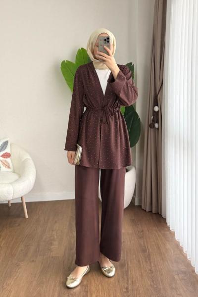 Taş Baskılı Modal Takım Kahverengi