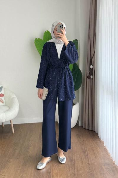 Taş Baskılı Modal Takım Lacivert