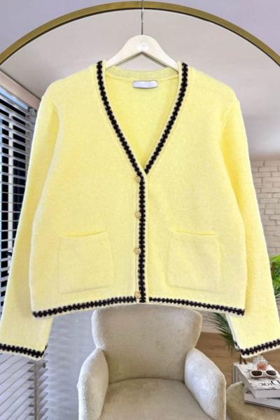 Jakar Desenli Cepli Hırka Sarı