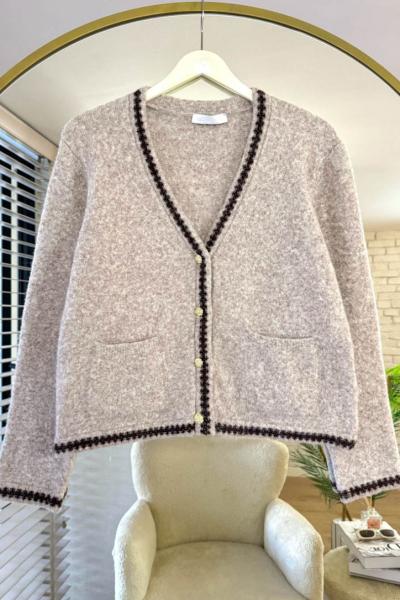 Jakar Desenli Cepli Hırka Vizon