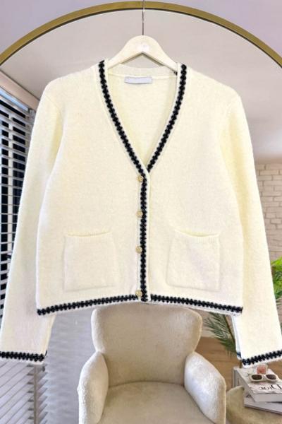 Jakar Desenli Cepli Hırka Ekru