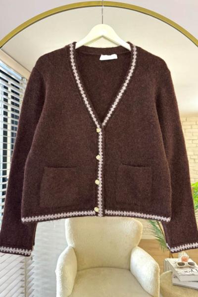 Jakar Desenli Cepli Hırka Acı Kahve