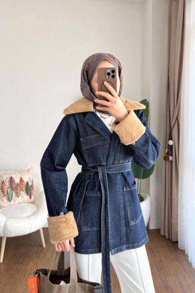 Kürk Detaylı Kot Ceket Lacivert