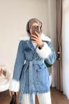 Kürk Detaylı Kot Ceket Kar Yıkama Mavi