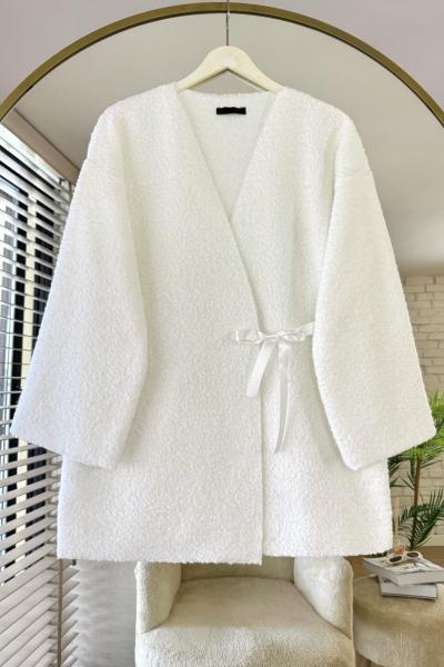 Bağlamalı Buklet Ceket Beyaz