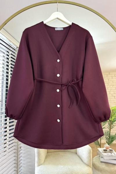 V Yaka Scuba Ceket Bordo