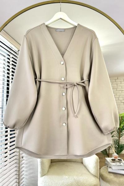 V Yaka Scuba Ceket Bej