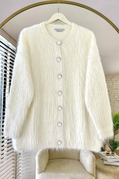 Bisiklet Yaka Sakallı Hırka Ekru