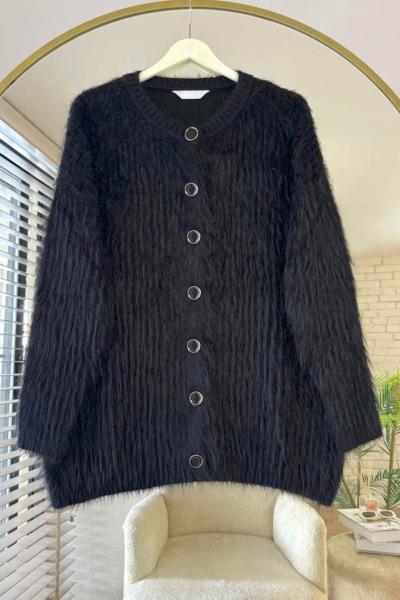 Bisiklet Yaka Sakallı Hırka Siyah