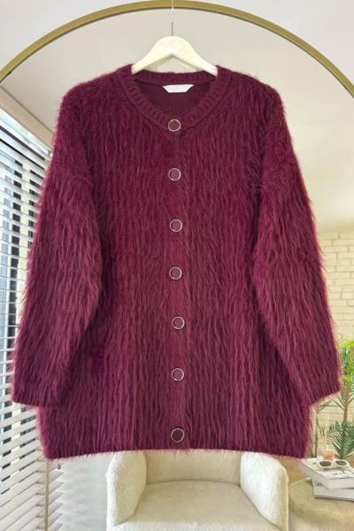 Bisiklet Yaka Sakallı Hırka Bordo