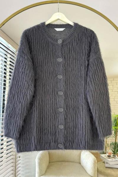 Bisiklet Yaka Sakallı Hırka Antrasit