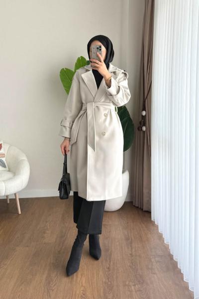 Apoletli Kaşe Kaban Krem