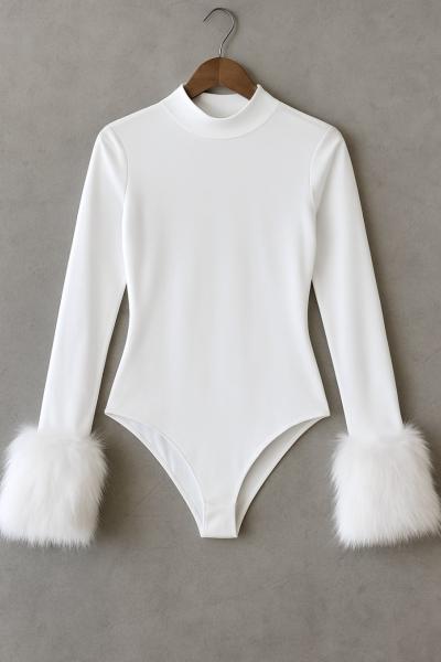 Balıkçı Yaka Kürk Detaylı Body Beyaz