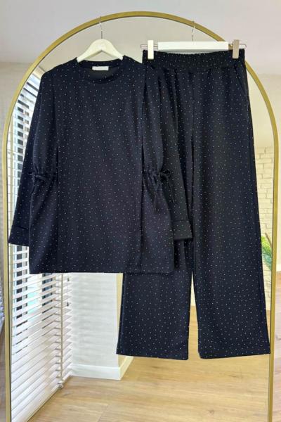 Yanları Büzgülü Taş Baskılı Takım Siyah