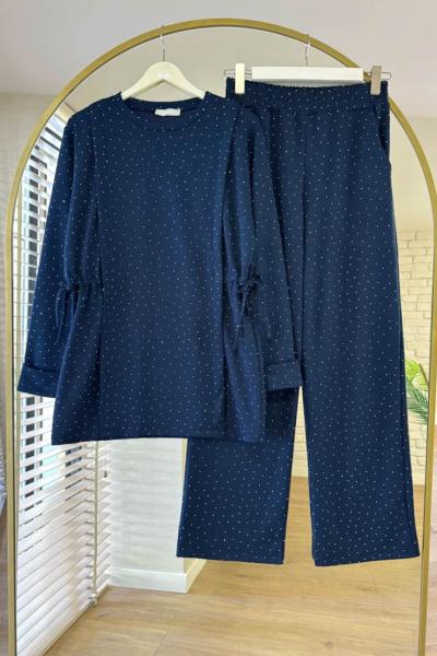 Yanları Büzgülü Taş Baskılı Takım Lacivert