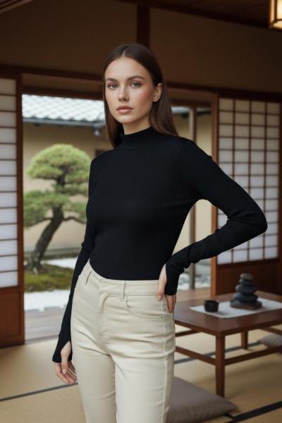 Balıkçı Yaka Parmak Geçmeli Body Siyah