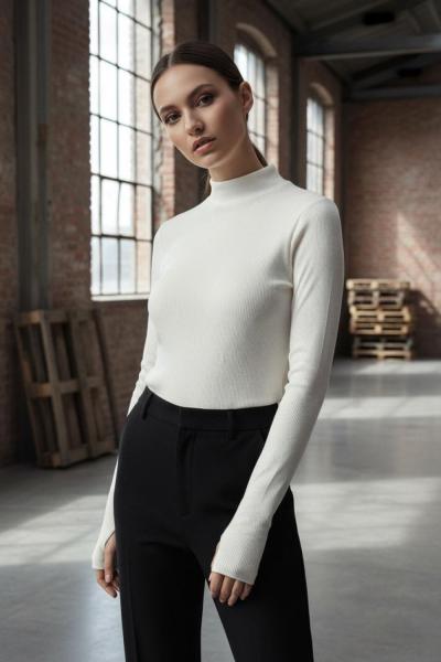 Balıkçı Yaka Parmak Geçmeli Body Ekru
