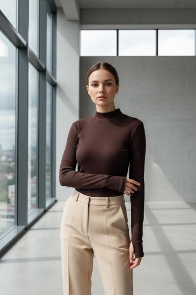 Balıkçı Yaka Parmak Geçmeli Body Acı Kahve