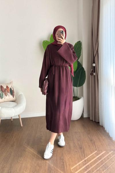 Bisiklet Yaka Fitilli Triko Elbise Mürdüm