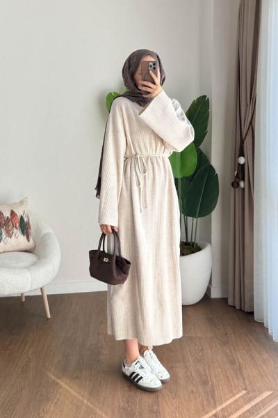 Bisiklet Yaka Fitilli Triko Elbise Bej