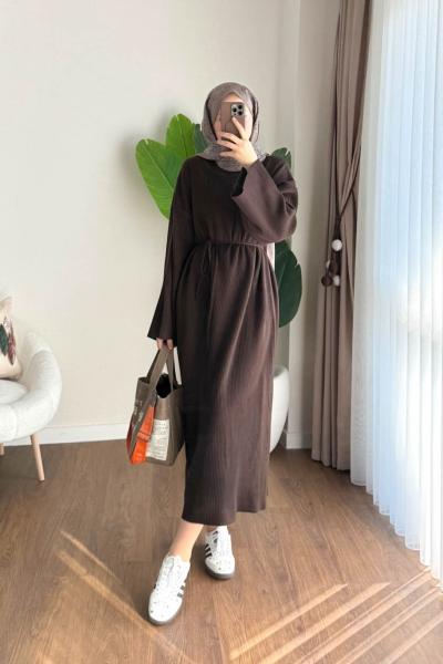 Bisiklet Yaka Fitilli Triko Elbise Acı Kahve