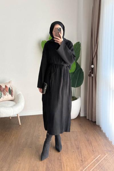 Bisiklet Yaka Fitilli Triko Elbise Siyah