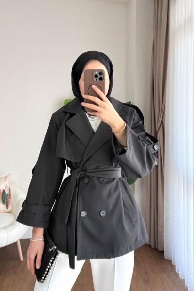 Apoletli Bondit Trençkot Siyah