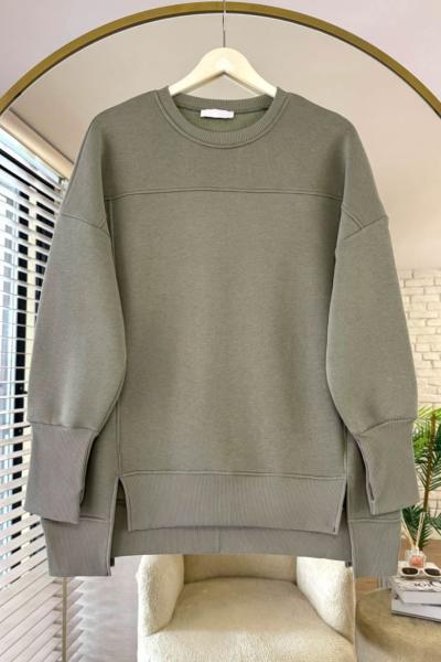 Önü Yırtmaçlı Parçalı Sweatshirt Yeşil
