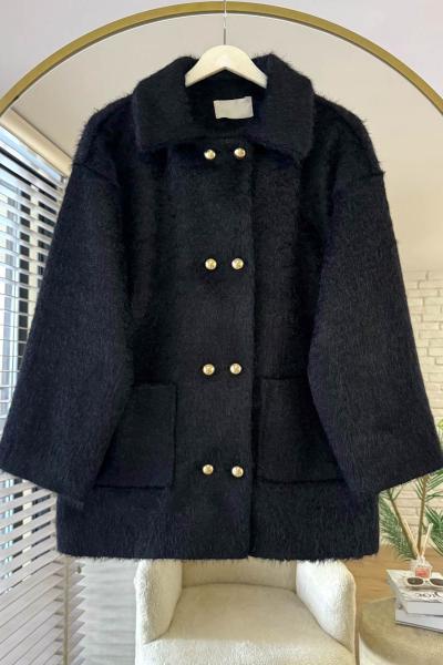 Düğme Detaylı Cepli Ceket Siyah