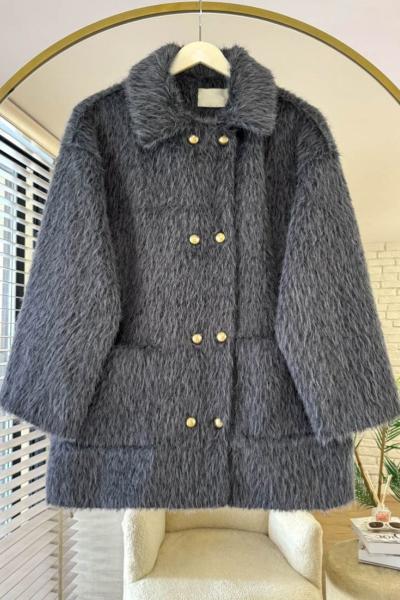 Düğme Detaylı Cepli Ceket Füme