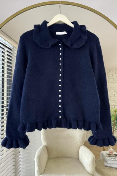 Sedef Düğmeli Fırfırlı Hırka Lacivert