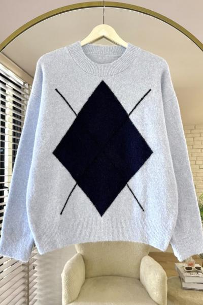 Baklava Desenli Oversize Kazak Bebe Mavisi