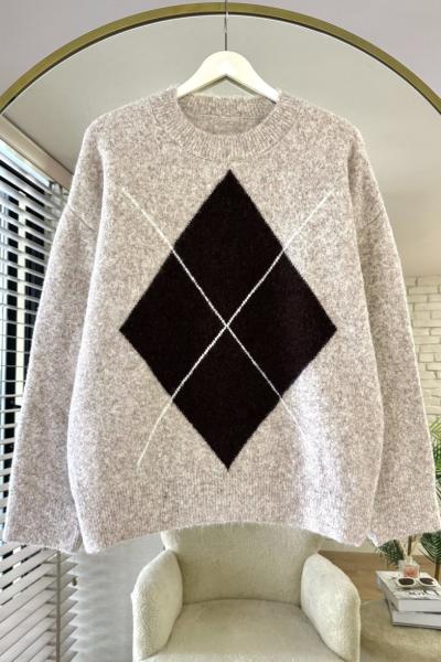 Baklava Desenli Oversize Kazak Vizon