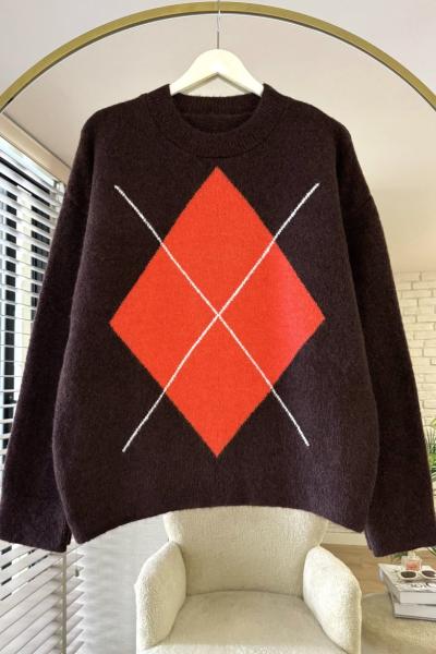 Baklava Desenli Oversize Kazak Acı Kahve