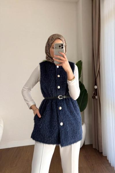 Beli Lastikli Düğmeli Yelek Lacivert