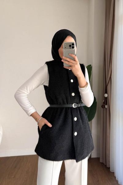Beli Lastikli Düğmeli Yelek Siyah