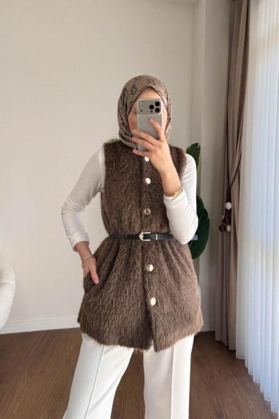 Beli Lastikli Düğmeli Yelek Kahverengi