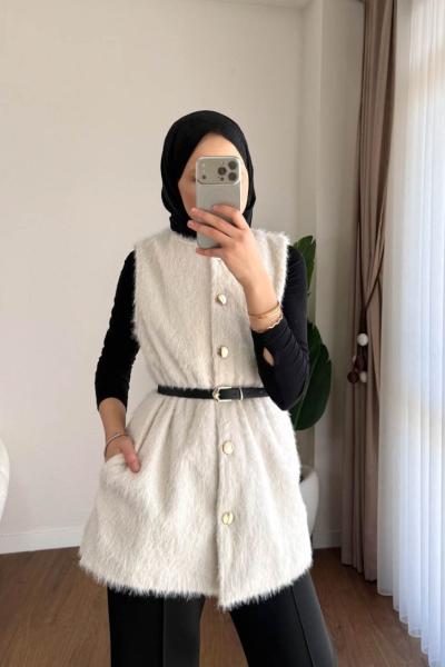 Beli Lastikli Düğmeli Yelek Krem