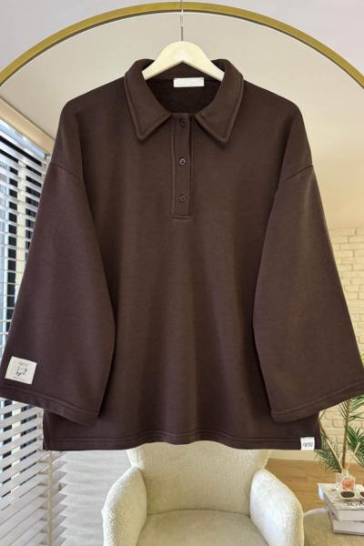 Polo Yaka Armalı Sweatshirt Kahverengi