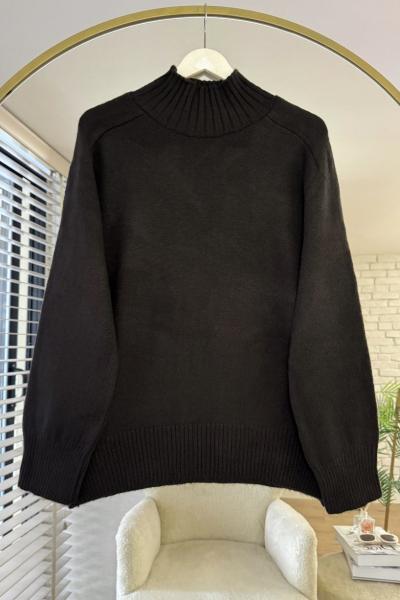 Dik Yaka Yırtmaçlı Oversize Kazak Koyu Kahverengi