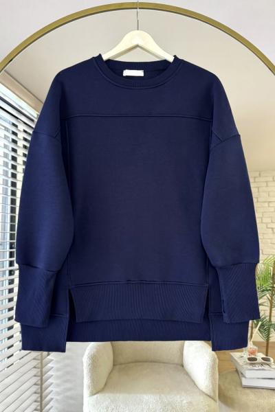 Önü Yırtmaçlı Parçalı Sweatshirt Lacivert