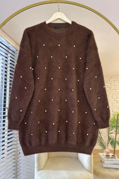 Angora Taşlı Tunik Kahverengi