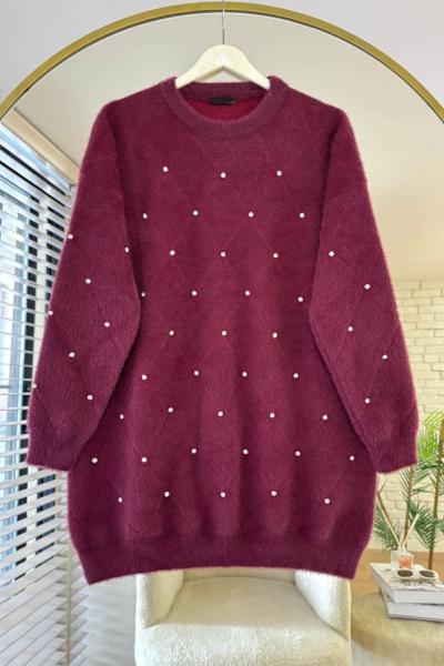 Angora Taşlı Tunik Bordo