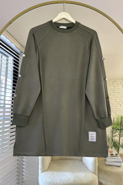 Kolları Düğme Detaylı Çımalı Tunik Haki