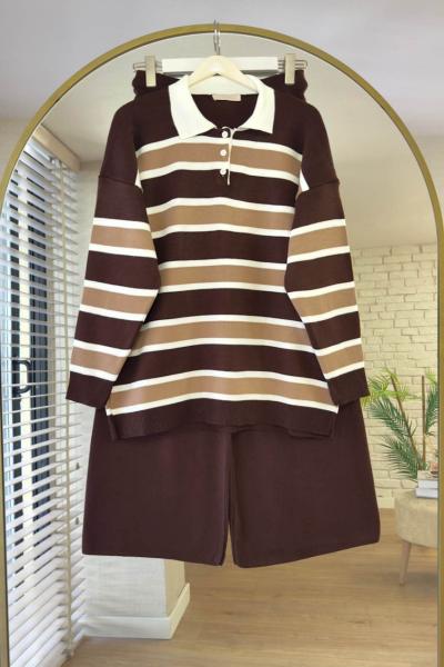 Polo Yaka Şeritli Triko Takım Acı Kahve