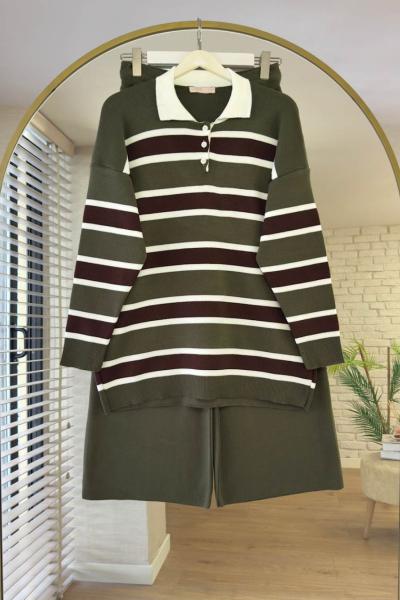 Polo Yaka Şeritli Triko Takım Haki